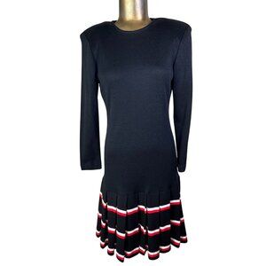 Vtg Expo Women's 80s Drop Waist Pleated Dress Black Red White  Long Sleeve Ameri